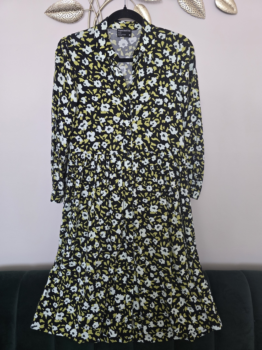 Frank & Oak Black Floral Long-Sleeve Midi Dress Oversized SIZE XS Viscose